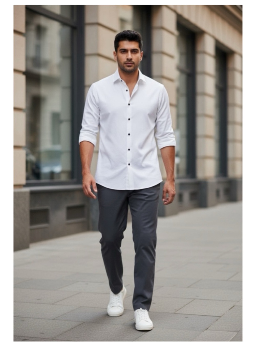 Men's White Slim-Fit Long Sleeve Button-Down Shirt